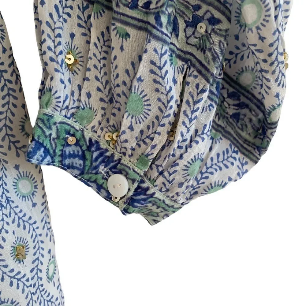 Boho Mini Dress Blue Green Print Sz M - Picture 4 of 11